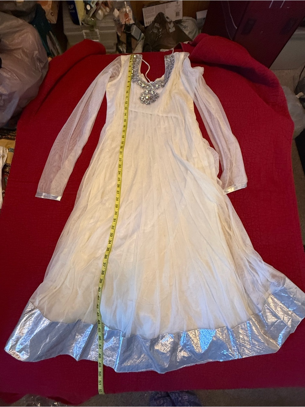 White Sheer Long Sleeve Anarkali suit with pajami and net dupatt